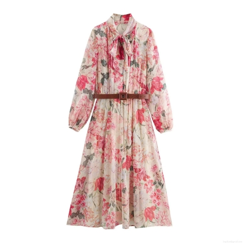 Women's Elegant Pink Floral Chiffon Midi Dress Sweet Tie Neck Long Sleeve Tiered Cake Dress With Belt For Casual Vacation Party