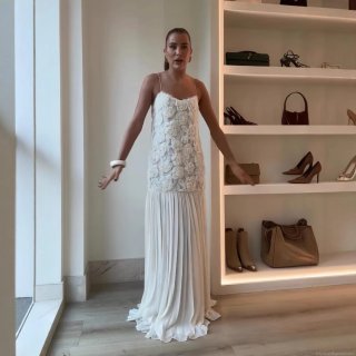 Women Elegant 3D Rose Decoration Camisole Dress Lace Patchwork Pleated Maxi Gown For Party Evening Wedding Banquet Sleeveless Solid Color Spaghetti Strap Slim Fit High Waist Luxury Dress