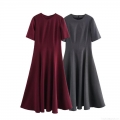 Elegant Women's Short Sleeve Midi Dress Solid Color Slim Waist High Swing A-Line Polyester Dress For Daily Party Workwear