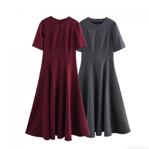Elegant Women's Short Sleeve Midi Dress Solid Color Slim Waist High Swing A-Line Polyester Dress For Daily Party Workwear