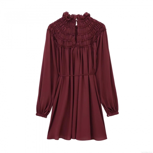 Women Burgundy Long Sleeve Pleated Maxi Dress Elegant Ruffle Mock Neck Chiffon Dress With Waist Tie Vintage A-Line Party Dress For Lady