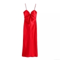 Women's Sexy Satin Cami Midi Dress Deep V Neck Backless Spaghetti Strap Slim Fit Elegant Evening Party Prom Dress Red Silky Dress