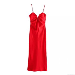 Women's Sexy Satin Cami Midi Dress Deep V Neck Backless Spaghetti Strap Slim Fit Elegant Evening Party Prom Dress Red Silky Dress