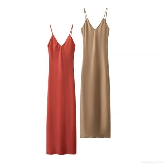 Women's Elegant Satin Slip Dress V-Neck Sleeveless Midi Cami Dress For Party Banquet Sexy Solid Color Summer Long Dress