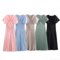 Elegant Women V-Neck Satin Midi Dress Solid Color Short Sleeve High Waist A-Line Party Banquet Evening Dress For Women