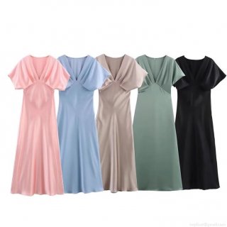 Elegant Women V-Neck Satin Midi Dress Solid Color Short Sleeve High Waist A-Line Party Banquet Evening Dress For Women