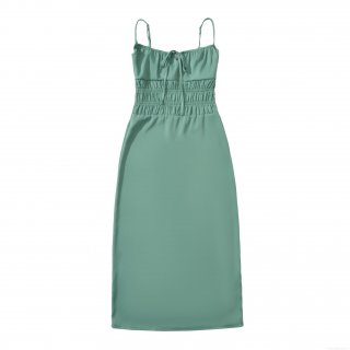 Women Elegant Spaghetti Strap Midi Dress Sexy Smocked Waist Bow Tie Front Solid Color Chic Sleeveless A-Line Party Dress For Lady Summer Fashion