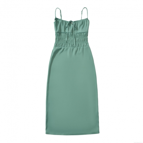 Women Elegant Spaghetti Strap Midi Dress Sexy Smocked Waist Bow Tie Front Solid Color Chic Sleeveless A-Line Party Dress For Lady Summer Fashion