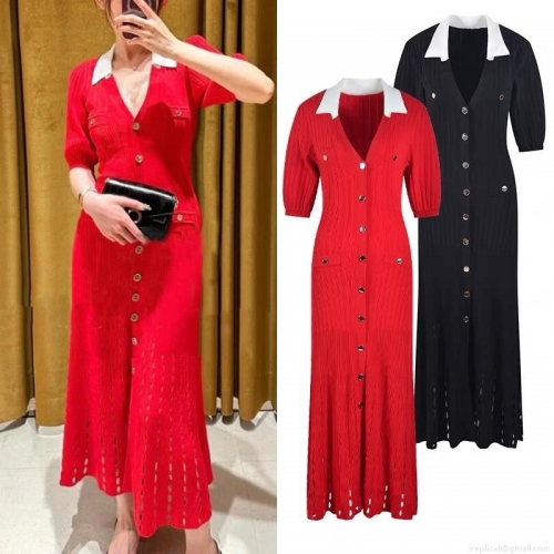 Women's Elegant V-Neck Knitted Dress Contrasting Lapel Button Up Midi Dress Medium Sleeve Core-Spun Yarn Bodycon Sweater Dress For Party Social
