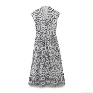 Elegant V-Neck Sleeveless Midi Dress With Geometric Floral Embroidery And Belt White Cotton Blend Eyelet Embroidered Button Down Dress For Women Summer Vacation Party