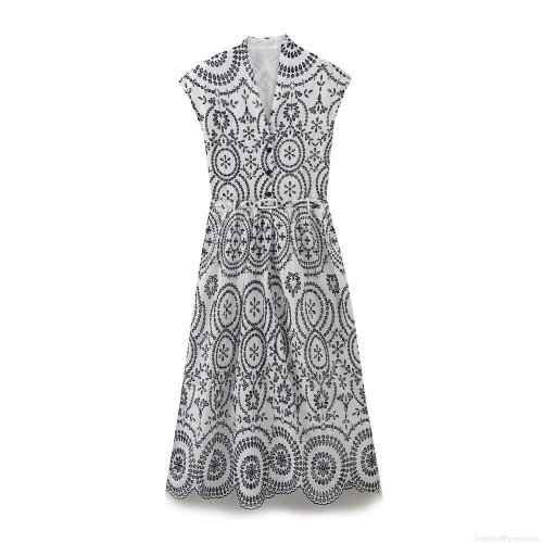 Elegant V-Neck Sleeveless Midi Dress With Geometric Floral Embroidery And Belt White Cotton Blend Eyelet Embroidered Button Down Dress For Women Summer Vacation Party