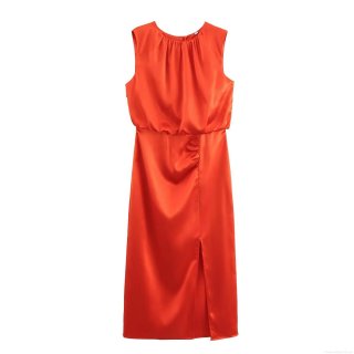 Women's Elegant Satin Sleeveless Maxi Dress With Pleated Detail And High Slit Solid Color Round Neck Midi Dress For Banquet Party Night Out