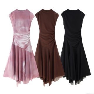 Women's Sleeveless Mesh Ruched Midi Dress Elegant Tie-Dye Irregular Hem Bodycon Socialite Style Party Evening Cocktail Dress