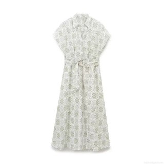 Women's Elegant Green Floral Embroidery Midi Dress Cotton Blend Short Sleeve Button Down Shirt Dress With Belt For Summer Vacation