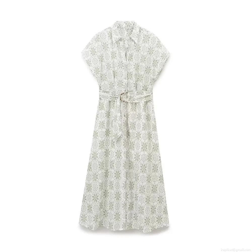 Women's Elegant Green Floral Embroidery Midi Dress Cotton Blend Short Sleeve Button Down Shirt Dress With Belt For Summer Vacation