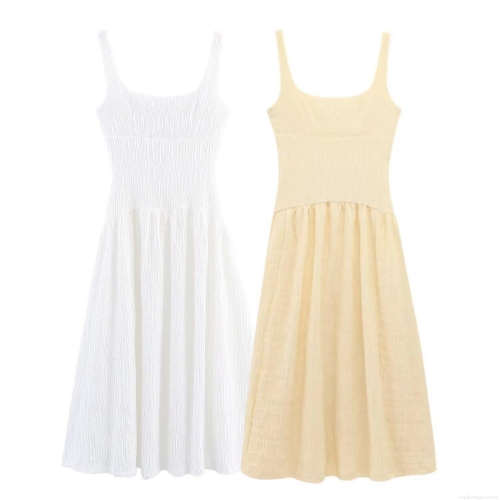 Women Elegant Pleated Midi Cami Dress Square Neck Crinkled Texture High Waist A-Line Summer Sundress For Women Dating Party Vacation Polyester Solid Color Chic Dress