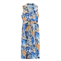 Women Baroque Print Midi Dress Sleeveless Linen Blend Button Down A-Line Dress With Belt Elegant Bohemian Summer Vacation Party Long Sun Dress