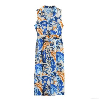 Women Baroque Print Midi Dress Sleeveless Linen Blend Button Down A-Line Dress With Belt Elegant Bohemian Summer Vacation Party Long Sun Dress