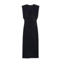Elegant Women's Sleeveless Shoulder Padded Midi Dress Deep V-Neck Ruched Waist Polyester Evening Party Cocktail Bodycon Long Dress