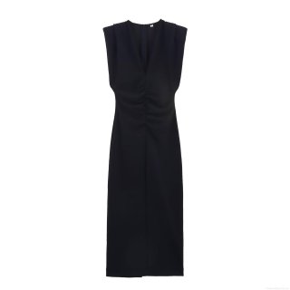 Elegant Women's Sleeveless Shoulder Padded Midi Dress Deep V-Neck Ruched Waist Polyester Evening Party Cocktail Bodycon Long Dress