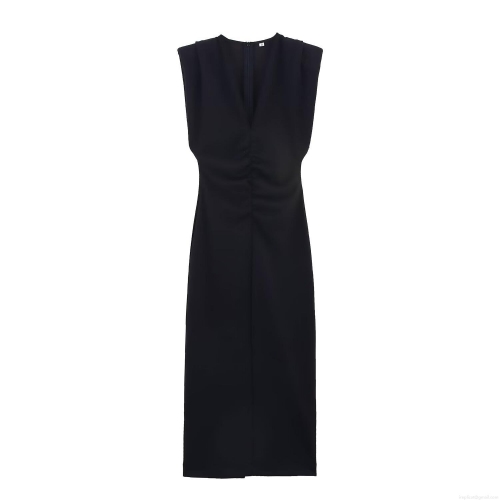 Elegant Women's Sleeveless Shoulder Padded Midi Dress Deep V-Neck Ruched Waist Polyester Evening Party Cocktail Bodycon Long Dress