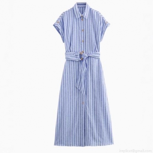 Women's Blue White Striped Linen Blend Midi Shirt Dress Short Sleeve Button Down Belted Summer Casual Vacation Elegant Dresses