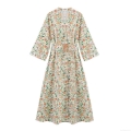 Women Vintage Floral V-Neck Midi Dress Long Sleeve Polyester Elegant Waist Belt Printed Maxi Dress For Party Vacation Daily Wear