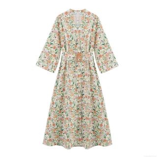 Women Vintage Floral V-Neck Midi Dress Long Sleeve Polyester Elegant Waist Belt Printed Maxi Dress For Party Vacation Daily Wear