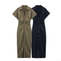 Women's Elegant Solid Color Linen Blend Shirt Dress V-Neck Single Breasted Pleated Waist Short Sleeve Midi Dress For Summer Casual Daily Office