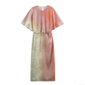 Women Tie Dye Satin Midi Dress Elegant Gradient Polyester Round Neck Short Sleeve Maxi Dress With Belt For Party Vacation Evening