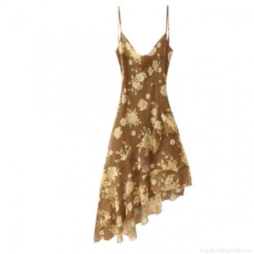 Women Elegant Floral Print Spaghetti Strap Midi Dress Ruffle Asymmetric Hem V Neck Backless Chiffon Dresses For Party Vacation Summer Wear