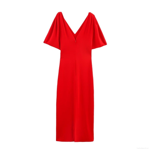 Elegant Women's Red Midi Bodycon Dress Satin Polyester Fabric Deep V-Neck Ruffle Butterfly Sleeve With Gold Metal Ring Luxury Party Evening Cocktail Gown