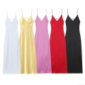 Elegant Women's Satin Slip Midi Dress Sexy V-Neck Spaghetti Straps Backless Cross Bandage Silk Texture Evening Party Long Dress For Summer Celebrity Style