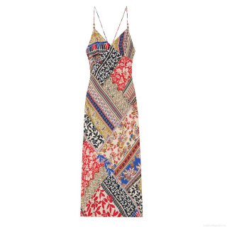 Women's Bohemian V-Neck Cami Maxi Dress Multi-Color Patchwork Floral Print Sleeveless Summer Beach Vacation Long Dress with Wood Bead Details