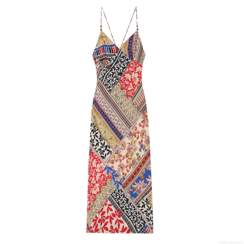 Women's Bohemian V-Neck Cami Maxi Dress Multi-Color Patchwork Floral Print Sleeveless Summer Beach Vacation Long Dress with Wood Bead Details