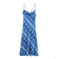 Women's Sexy Cowl Neck Blue Geometric Print Cami Midi Dress Summer Backless Cross Spaghetti Strap Slim Fit Vacation Party Long Sundress