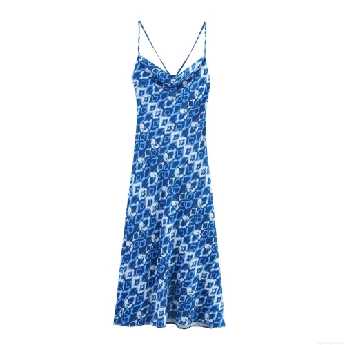 Women's Sexy Cowl Neck Blue Geometric Print Cami Midi Dress Summer Backless Cross Spaghetti Strap Slim Fit Vacation Party Long Sundress