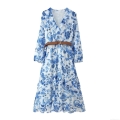 Women's Blue Floral Chiffon Midi Dress V-Neck Long Sleeve Elegant Vacation Beach A-Line Dress With Belt Lightweight Printing Long Dress