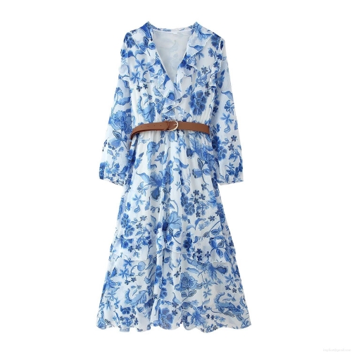 Women's Blue Floral Chiffon Midi Dress V-Neck Long Sleeve Elegant Vacation Beach A-Line Dress With Belt Lightweight Printing Long Dress