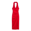 Elegant Red Halter Neck Midi Dress Polyester V-Neck Sleeveless Ruched Side Slit Backless Evening Party Dress For Women