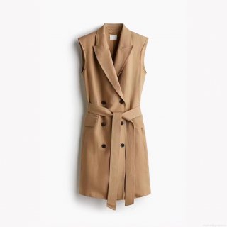 Women's Elegant Sleeveless Double Breasted Blazer Dress With Belt Office Lady Trench Vest Midi Dress Solid Color Tencel Linen Blend Slim Fit Dress