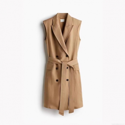 Women's Elegant Sleeveless Double Breasted Blazer Dress With Belt Office Lady Trench Vest Midi Dress Solid Color Tencel Linen Blend Slim Fit Dress