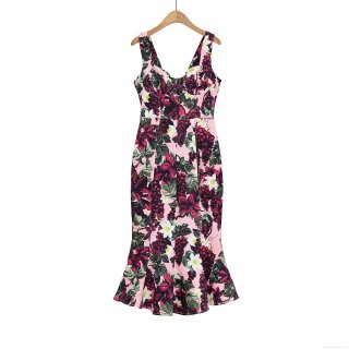 French V Neck Spaghetti Strap Floral Dress Women Pink Grape Print Mermaid Hem Midi Dress Elegant Summer Vacation Party Clubwear Sleeveless Bodycon Vestidos