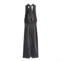 Elegant Halter Neck Maxi Dress for Women Terylene Linen Blend Backless Tie-up Pleated Waist Solid Color Side Split Long Party Evening Summer Beach Dresses