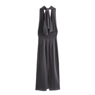 Elegant Halter Neck Maxi Dress for Women Terylene Linen Blend Backless Tie-up Pleated Waist Solid Color Side Split Long Party Evening Summer Beach Dresses