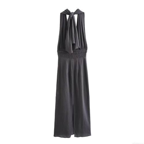 Elegant Halter Neck Maxi Dress for Women Terylene Linen Blend Backless Tie-up Pleated Waist Solid Color Side Split Long Party Evening Summer Beach Dresses