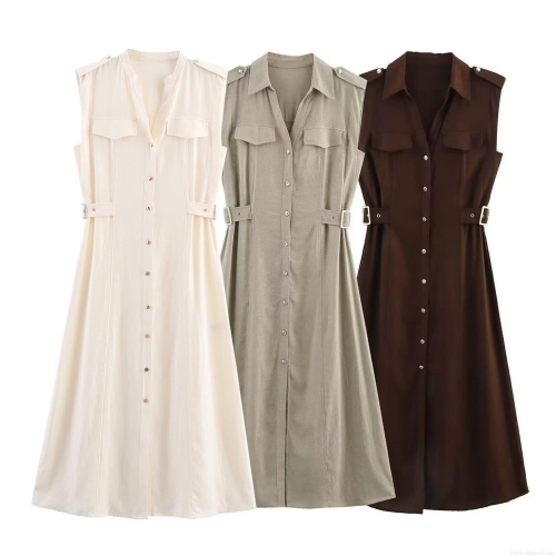 Women's Sleeveless Linen Shirt Dress Utility Midi Length Button Down Lapel Collar Dress With Chest Pockets And Adjustable Waist Buckles Casual Elegant Workwear Dress