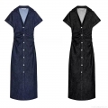 Women's Short Sleeve Denim Midi Dress V-Neck Single Breasted Waist Ruched Elegant Casual Jean Dresses for Summer Vacation Ladies