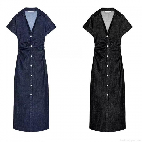Women's Short Sleeve Denim Midi Dress V-Neck Single Breasted Waist Ruched Elegant Casual Jean Dresses for Summer Vacation Ladies