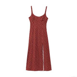 Women's Vintage Polka Dot Cami Dress Linen Blend Polyester Ruched Bust Side Slit Midi Dress Square Neck Sleeveless Dress For Party Vacation Burgundy White Dots
